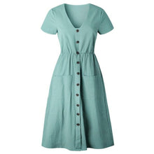 Load image into Gallery viewer, Cotton Linen Women Summer Dress Casual V neck Button Pocket Short - Sophornlilly