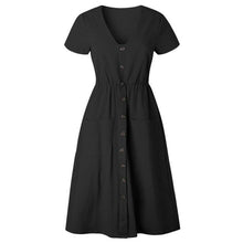 Load image into Gallery viewer, Cotton Linen Women Summer Dress Casual V neck Button Pocket Short - Sophornlilly