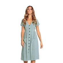 Load image into Gallery viewer, Cotton Linen Women Summer Dress Casual V neck Button Pocket Short - Sophornlilly