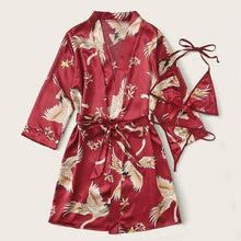 Load image into Gallery viewer, Crane Animal Printed Satin Pajamas Set With Robe Women Loungewear 3Pcs