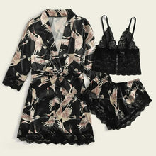 Load image into Gallery viewer, Crane Animal Printed Satin Pajamas Set With Robe Women Loungewear 3Pcs