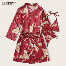 Load image into Gallery viewer, Crane Animal Printed Satin Pajamas Set With Robe Women Loungewear 3Pcs