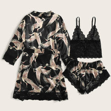Load image into Gallery viewer, Crane Animal Printed Satin Pajamas Set With Robe Women Loungewear 3Pcs