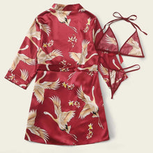 Load image into Gallery viewer, Crane Animal Printed Satin Pajamas Set With Robe Women Loungewear 3Pcs