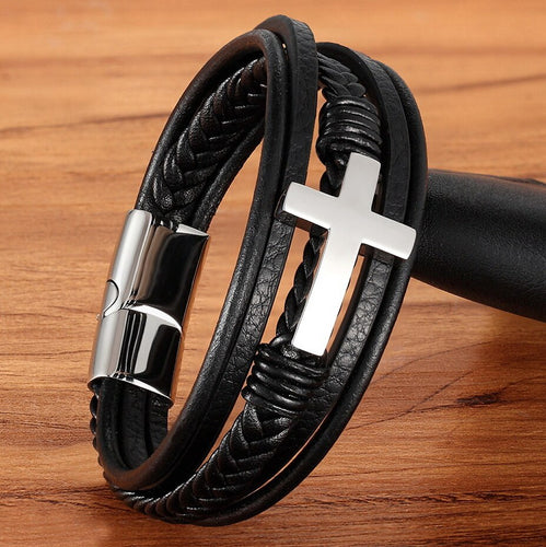 Cross Style Multi Layer Design Stainless Steel Fashion Men's Leather