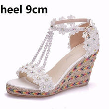 Load image into Gallery viewer, Crystal Wedge Sandals White Lace Flowers Tassel