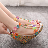 Crystal Wedge Sandals White Lace Flowers Tassel