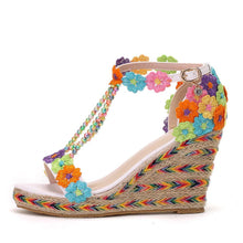 Load image into Gallery viewer, Crystal Wedge Sandals White Lace Flowers Tassel