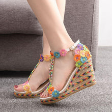 Load image into Gallery viewer, Crystal Wedge Sandals White Lace Flowers Tassel