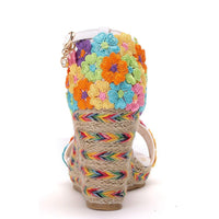 Crystal Wedge Sandals White Lace Flowers Tassel