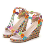 Crystal Wedge Sandals White Lace Flowers Tassel