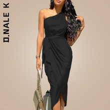 Load image into Gallery viewer, D.Nale K One Shoulder Green Dress Elegant Stain Retro Ruched Bodycon