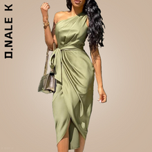 Load image into Gallery viewer, D.Nale K One Shoulder Green Dress Elegant Stain Retro Ruched Bodycon
