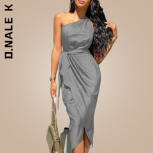 Load image into Gallery viewer, D.Nale K One Shoulder Green Dress Elegant Stain Retro Ruched Bodycon
