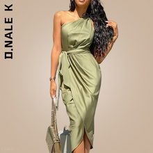 Load image into Gallery viewer, D.Nale K One Shoulder Green Dress Elegant Stain Retro Ruched Bodycon