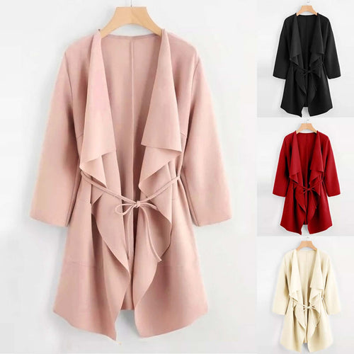 Women Casual Collar Pocket Front Wrap Coat Jacket Outwear