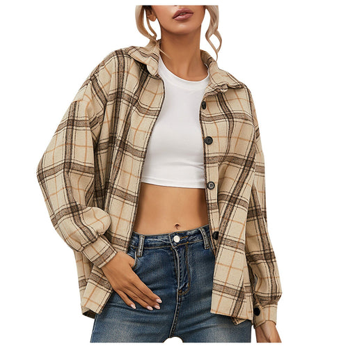 Women's Casual Fashion Woolen Plaid Shirt Pocket Long Sleeve