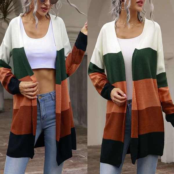 Women's Color Matching Knit Sweater Casual Mid length Fashion