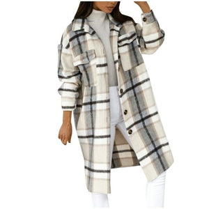 Women‘s Jacket Long Sleeve Plaid Print Woman Parkas Button