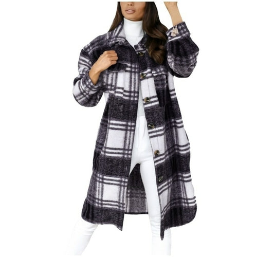 Women‘s Jacket Long Sleeve Plaid Print Woman Parkas Button