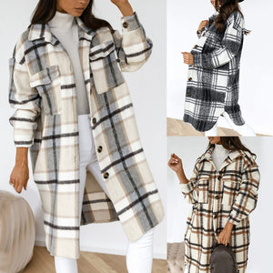 Women‘s Jacket Long Sleeve Plaid Print Woman Parkas Button