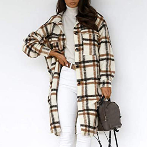 Women‘s Jacket Long Sleeve Plaid Print Woman Parkas Button