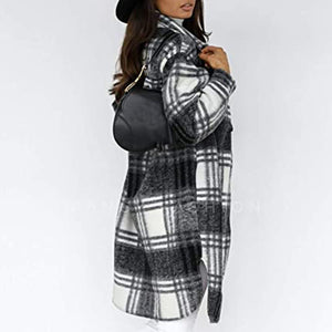 Women‘s Jacket Long Sleeve Plaid Print Woman Parkas Button