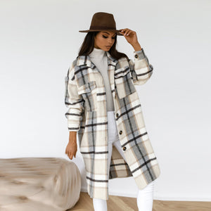 Women‘s Jacket Long Sleeve Plaid Print Woman Parkas Button