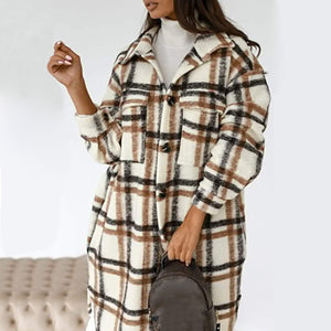 Women‘s Jacket Long Sleeve Plaid Print Woman Parkas Button