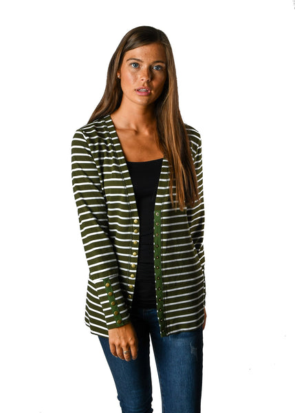 French Terry Green Stripe Snap Cardigan