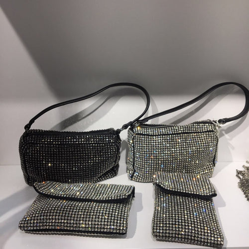 Dazzling Silver Diamond Minaudiere Clutch Evening Bags Women Wedding