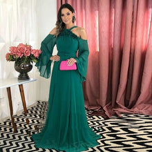 Load image into Gallery viewer, Deep Green Arabic Style Evening Dress Long Sleeve A line Prom Gown