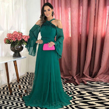 Load image into Gallery viewer, Deep Green Arabic Style Evening Dress Long Sleeve A line Prom Gown