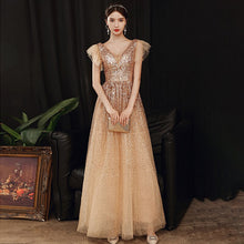 Load image into Gallery viewer, Deep V Neck Evening Dress Pleat Short Sleeves Sequins A Line Floor