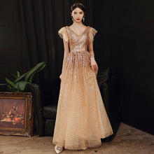 Load image into Gallery viewer, Deep V Neck Evening Dress Pleat Short Sleeves Sequins A Line Floor