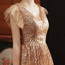 Load image into Gallery viewer, Deep V Neck Evening Dress Pleat Short Sleeves Sequins A Line Floor