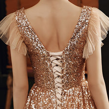 Load image into Gallery viewer, Deep V Neck Evening Dress Pleat Short Sleeves Sequins A Line Floor
