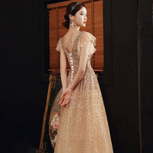 Load image into Gallery viewer, Deep V Neck Evening Dress Pleat Short Sleeves Sequins A Line Floor