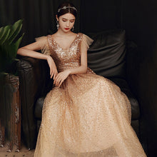 Load image into Gallery viewer, Deep V Neck Evening Dress Pleat Short Sleeves Sequins A Line Floor