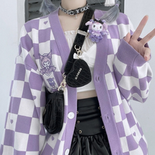 Load image into Gallery viewer, Plaid Cartoon Pink Sweater Cardigan