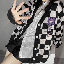 Load image into Gallery viewer, Plaid Cartoon Pink Sweater Cardigan