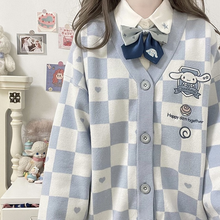 Load image into Gallery viewer, Plaid Cartoon Pink Sweater Cardigan