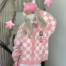 Load image into Gallery viewer, Plaid Cartoon Pink Sweater Cardigan