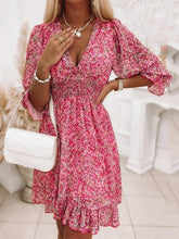 Load image into Gallery viewer, V neck Midi Dress Bohemian Print Short