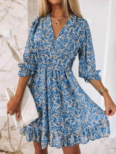 V neck Midi Dress Bohemian Print Short