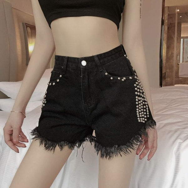 [EWQ] 2021 Spring Fashion Casual High Waist Black Tassel Rivet Beading