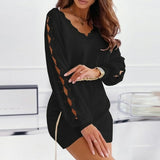 Elegant Hollow Out Knit Sweater V Neck Dress Fashion Casual Office