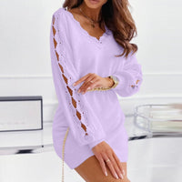 Elegant Hollow Out Knit Sweater V Neck Dress Fashion Casual Office