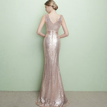 Load image into Gallery viewer, Elegant Mermaid V Neck Sequined Floor Length Evening Dresses Navy Blue