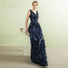 Load image into Gallery viewer, Elegant Mermaid V Neck Sequined Floor Length Evening Dresses Navy Blue